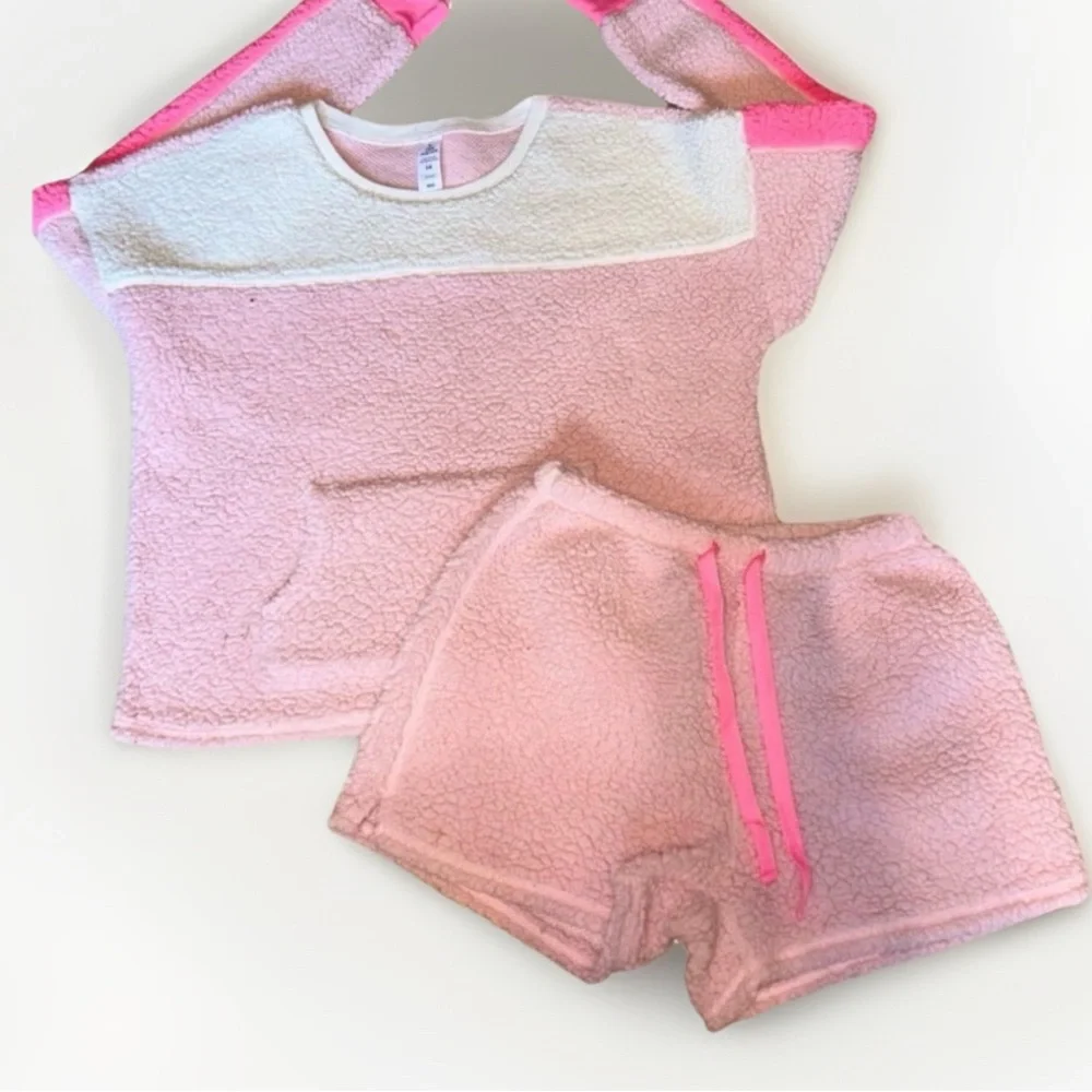 Justice 2 Piece Kids Sleep Wear‎ Faux Sherpa Shearling Shorts Colorblock Sz 14